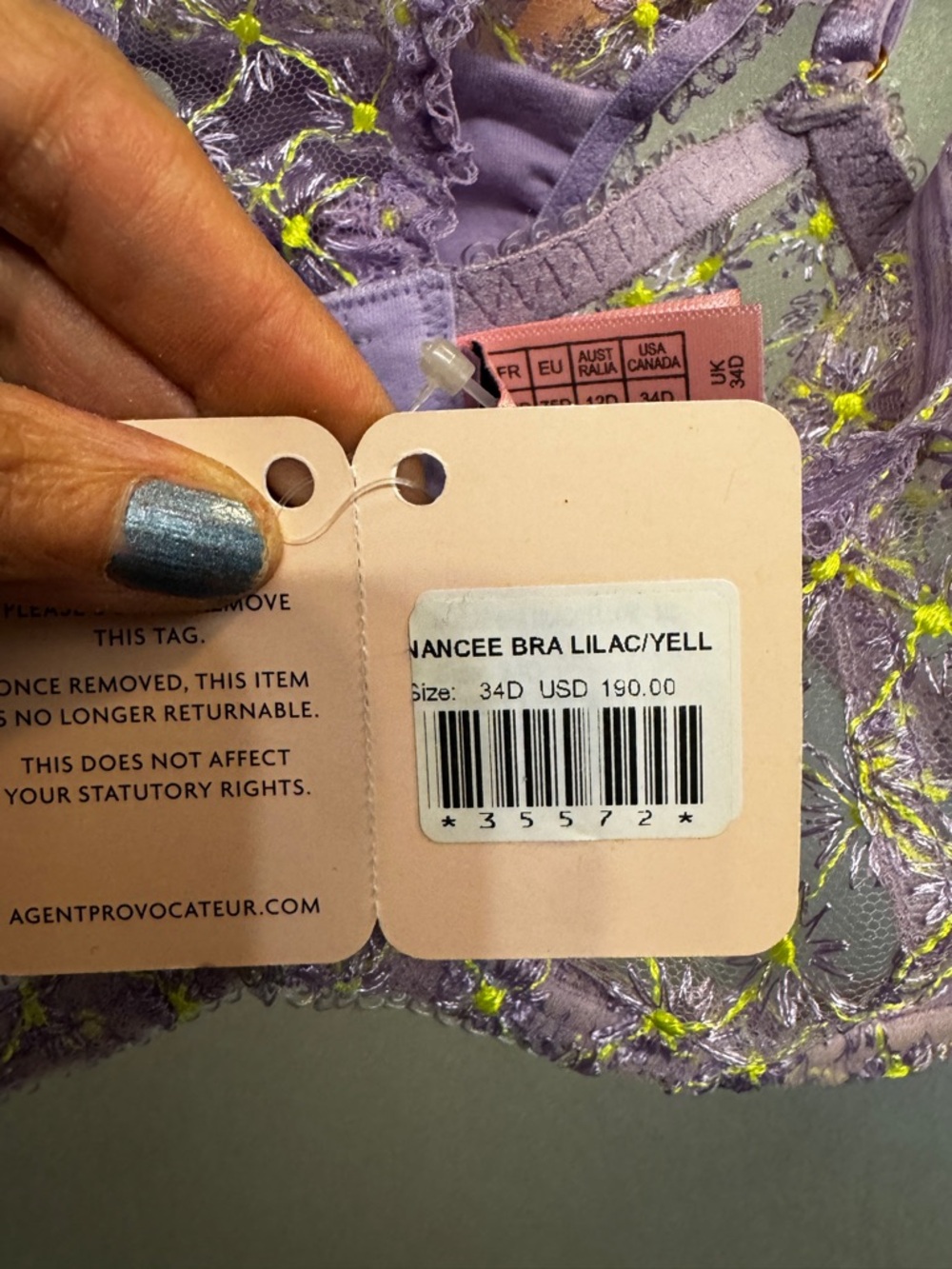 Agent Provocateur 34 D Nancee Purple Lace Underwire Bra with Lime brief 4 - Picture 2 of 6